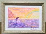海とイルカのパステルアート　紅の空、虹の彩り　パステル画原画の画像