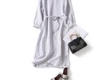 シワになりにくいストライプリネン100％　極上九分袖ワンピース 　200908-1