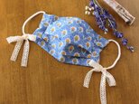 ＊ふんわり優しい着け心地＊コットンレースリボン付き　花柄プリーツマスク＊ブルー系＊ノーズワイヤー入＊綿100％＊大人用＊