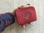刺繍革財布『HEART』RED（牛革）二つ折りミニ財布☆コンパクト☆の画像