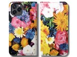 【両面デザイン】 iPhoneケース 手帳型 レザーケース カバー（花柄×ブラック）フラワーアート　15/14/13/12/11の画像