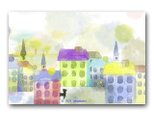 「透明な春風に染まる街」春 猫 街並み ほっこり癒しのイラストポストカード2枚組　No.1298の画像