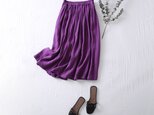 こだわりの着回しやすさと着やすさ　リネン100％　タックギャザースカート　紫　210401−3