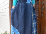 古布リメイク　紋と格子の2wayジャンバースカート　藍染　刺し子　襤褸　一点物　着物リメイク　ハンドメイドの画像