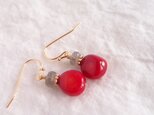 送料無料 赤珊瑚とラブラドライトのバイカラーピアス／redcoral・nugget × labradorite