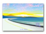 「朝が降りてきて」 海 朝日 自転車 ほっこり癒しのイラストポストカード2枚組No.1418の画像