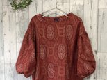 ☆sale! 紅赤大島紬角紋　パフ袖ブラウス　着物リメイク♪