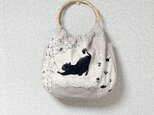猫ちゃんとレースのパッチワークバッグ（バンブーハンドル）