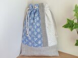 レース生地とリネン生地のパッチワーク巾着ポーチ（大きめサイズ）