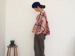Linen Madras check gather blouse REDの画像