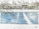 「水彩画ミニアート」京都 雪の鴨川の画像