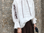 ☆新作 ヴィンテージ刺繡コットンリネン、ラミー長袖シャツ /ブラウス ゆったり