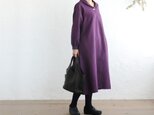 リネン ショールカラー 長袖ワンピース ゆったりAライン （プラム）OP07