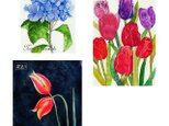 「紫陽花の花・チューリップの花」アートカード選べる２枚セット（はがきサイズ）の画像
