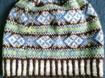 手紡ぎ毛糸の模様編みニット帽【こげ茶と青】の画像