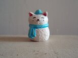 木彫り　雪だるま猫(水色)