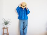 French Linen button gather blouse/BLUEの画像