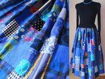 K様ご予約品 絵画なパッチワーク 美しい青のギャザースカート チェック 花  ストライプ 送料無料の画像