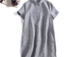 ★サンプルセール　1点のみ★着るほどに愛着がわくストライプワンピース 半袖 麻100% グレー　190709-2