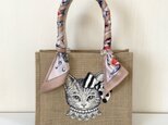 オリジナル 猫 手描き ジュートバッグ ねこ ネコ バッグ 鞄 size M ツイリー スカーフ 付き　カゴバッグ　かごバッグの画像