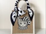 オリジナル 猫 縁有 手描き ジュートバッグ ねこ ネコ size S      ドット スカーフ 付　カゴバッグ かごバッグの画像