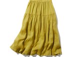 優しく揺れる、ゆるふわギャザースカート　リネンロングスカート　裏地付き　明るい黄緑色　220512-3の画像