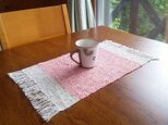手織ティーマット(ランチョンマットK)　綿とリネン(少々)、26.5cm×45cm(房を含む　37g)