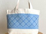 刺し子トートS　斜め方眼/ブルー　キャンバス　ランチバッグ　お散歩　お財布バッグ　ちょっとお出かけ　小さめ　チェック　個性の画像