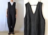 【М様専用ページ】オリーブ/天日干し40リネン 深Vネックオーバーオールの画像