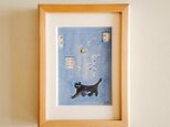 【一点物 原画】「黒猫夜散歩」 2L木製額縁入り・ペン画・水彩・黒猫・猫の絵