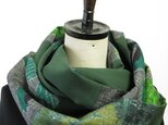 ＊アンティーク着物＊花葉模様手織り紬のパッチスヌード（緑+グレー）の画像