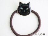 【受注生産】ウルウルおめめの猫ヘアゴム（クロネコさん）ブラック・螺鈿風・黒猫の画像
