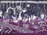 型染めてぬぐい「百鬼夜行」天狗蕎麦の図（紫系）（綿100％・手染め抜染）の画像