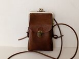 姫路レザーがま口スマホポシェット◆焦げ茶　Msize 外ポッケ付き　 サコッシュ　スマホショルダー　スマホポシェット　送料無料