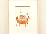 原画「猫とダイニングテーブル」水彩イラスト　※木製額縁入りの画像