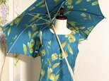 浴衣反物から作ったプリンセスラインワンピースと日傘とバッグの画像