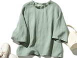 リネン100％ドロップスリーブ七分袖ブラウスゆったり　薄緑色　190702-4の画像