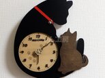 【受注制作】天然木 親子にゃんこウォールクロック黒猫バージョン 猫の壁掛時計 卓上時計の画像