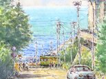 水彩画原画　江ノ電・七里ヶ浜と潮騒通り　＃614の画像