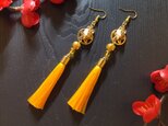 【和風】狐面とタッセルのピアス（イヤリング）（黄色）【チャイナ】【中華風】【着物】【袴】【浴衣】