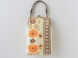 ■ヴィンテージ生地のがま口スマホショルダーポーチ・L / ベージュにオレンジブラウンの花 ■ bateau (vf-bbo)