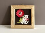 和紙ちぎり絵（無料ラッピング付き）赤いアネモネと三毛猫の小さなウォールデコの画像