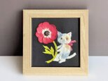 ［複製画］和紙ちぎり絵アートプリント（無料ラッピング付き）赤いアネモネと三毛猫の小さなウォールデコ