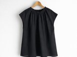 ギャザークルーネック フレンチ袖プルオーバー ブラウス|オーガニック綿100%ダブルガーゼ_Black