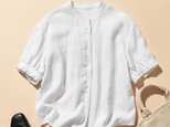 上品な着こなしに♪ リネン100% バンドカラーシャツ リネンブラウス 半袖シャツ　ホワイト　250509-1