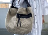 フランス軍リネン&馬革＊ソフトで軽い大きめショルダーバッグ＊A4収納可＊オプションで斜め掛けに変更可能