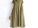 スタンドカラーサイドギャザーワンピース（カーキ）
