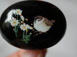 天然石黒瑪瑙とコスモスと雀のポニーフック（金沢箔24K入り） 帯留め ブローチ