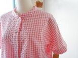 ギンガムチェック柄台襟ドルマンスリーブブラウス(PINK)