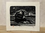 「夜のおとをきく」手摺り木版画シート作品